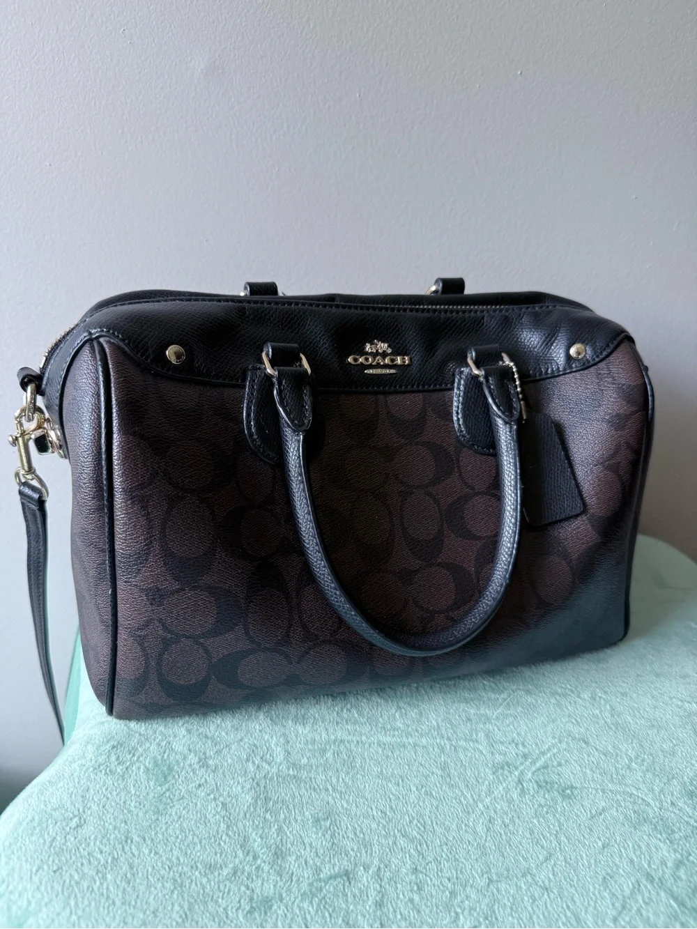 Coach Brown Monogram Tote with Black Leather Accents and Gold Hardware